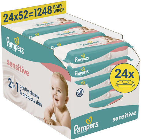 Chusteczki dla niemowląt Pampers Sensitive - 2 w 1: czyść delikatnie chroń - 0% plastiku w chusteczkach - 24 opakowania po 52 chusteczki = 1248 chusteczek dla niemowląt