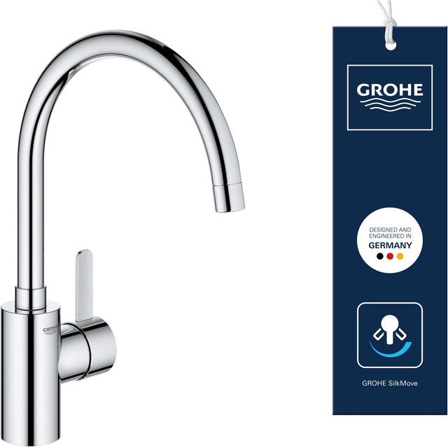 Kosmopolityczny kran kuchenny Grohe eurosmart - wysoka wylewka - zakres obrotu 150° - chrom