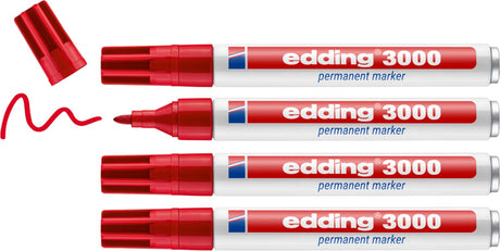 Marker permanentny Edding 3000 - czerwony - 4 markery - okrągła końcówka 1,5-3 mm - odporny na wodę i ścieranie - do kartonu, plastiku, drewna, metalu itp. - markery alkoholowe dla dorosłych
