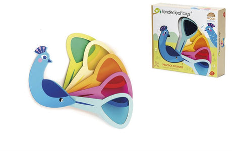 Tender leaf toys tender leaf preschool: pauwenkleuren 19,5x4,5x10,2cm, 5 staartveren met gekleurd acryl om de wereld in verschillende kleuren te zien, in hout, in doos 19,2x5x22cm, 18m+