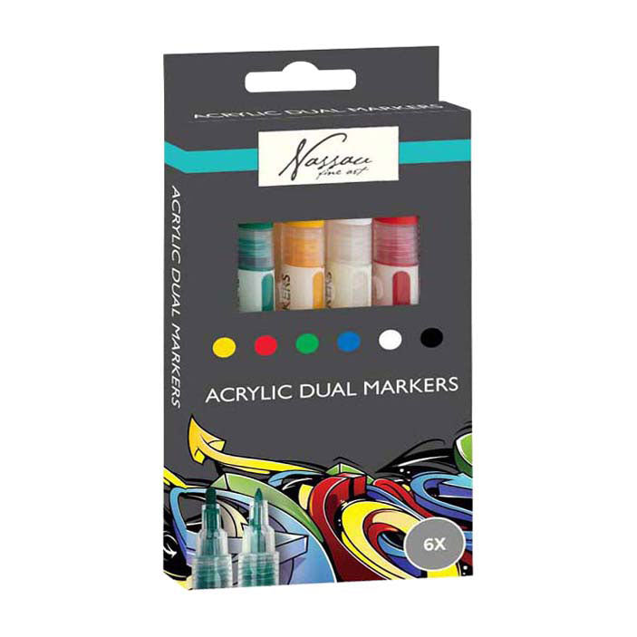 Profesjonalne markery akrylowe Nassau Fine Art | 6 różnych kolorów | doppelmarkery | nadaje się do kamieni - obuwia - szkła - tworzyw sztucznych - drewna - odzieży