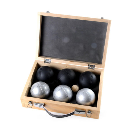 Engelhart metalowe jeu de boules - 6 piłek w drewnianym pudełku - czarno-szary - luksusowy zestaw - pétanque - boule - kulki metalowe - odpowiednie na każde boisko do gry w bule - longfield