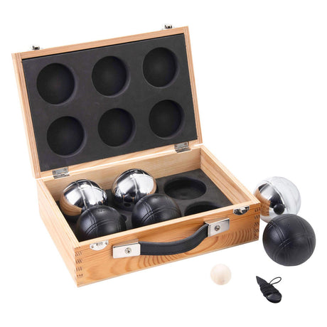 Engelhart metalowe jeu de boules - 6 piłek w drewnianym pudełku - czarno-szary - luksusowy zestaw - pétanque - boule - kulki metalowe - odpowiednie na każde boisko do gry w bule - longfield