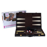 Engelhart backgammon 18 inch - brown ivory stitched board - black suitcase with handle - luxury travel edition -