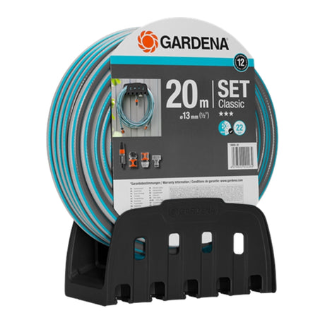 Zestaw węża ogrodowego Gardena 13mmx20m z uchwytem ściennym, złączkami i spryskiwaczem.