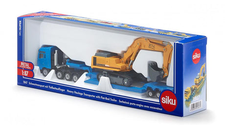 Siku 1847, ciężarówka z niskopodwoziem do transportu ciężkiego, 1:87, metal plastik, niebiesko-żółty, odpinana przyczepa