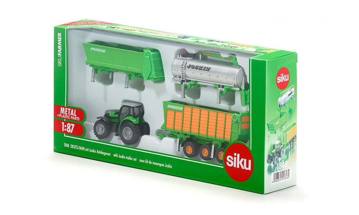 Siku 1848, traktor deutz agrotron x720 z zestawem wieszaków ładunkowych Joskin, skala 1:87, metaloplastyk