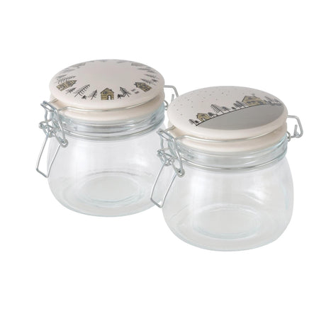 Boltze słoik do przechowywania w domu szkło homewood z ceramiczną pokrywką zaciskową z wizerunkiem domów 450ml - wys. 12cm śr.10cm