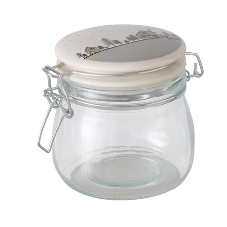 Boltze słoik do przechowywania w domu szkło homewood z ceramiczną pokrywką zaciskową z wizerunkiem domów 450ml - wys. 12cm śr.10cm