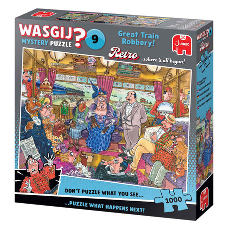 Puzzle Wasgij retro tajemnica 9 - większy napad na pociąg, 1000 elementów.
