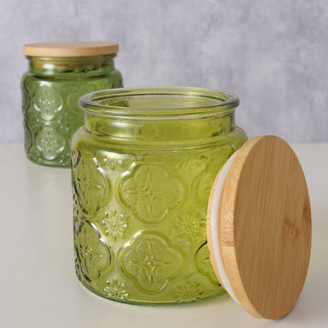 Domowy słoik do przechowywania Boltze imola 500 ml, średnica 10x11 cm, szkło lakierowane z bambusową pokrywką w kolorze zielonym