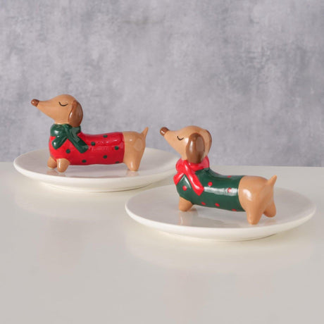 Boltze home schaal hond maltipu rond ø13h6,5cm groen rood wit 2 assorti