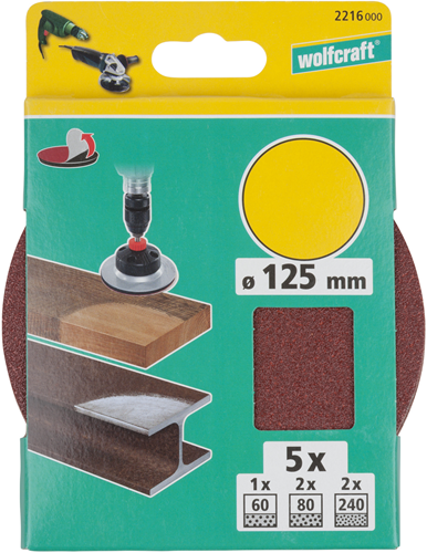 Samoprzylepne krążki szlifierskie Wolfcraft | k60, k80, k240 | ø125mm | 5 sztuk - 2216000