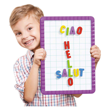 Tablica magnetyczna Quercetti, zabawki edukacyjne z wielokolorowymi literami magnetycznymi.