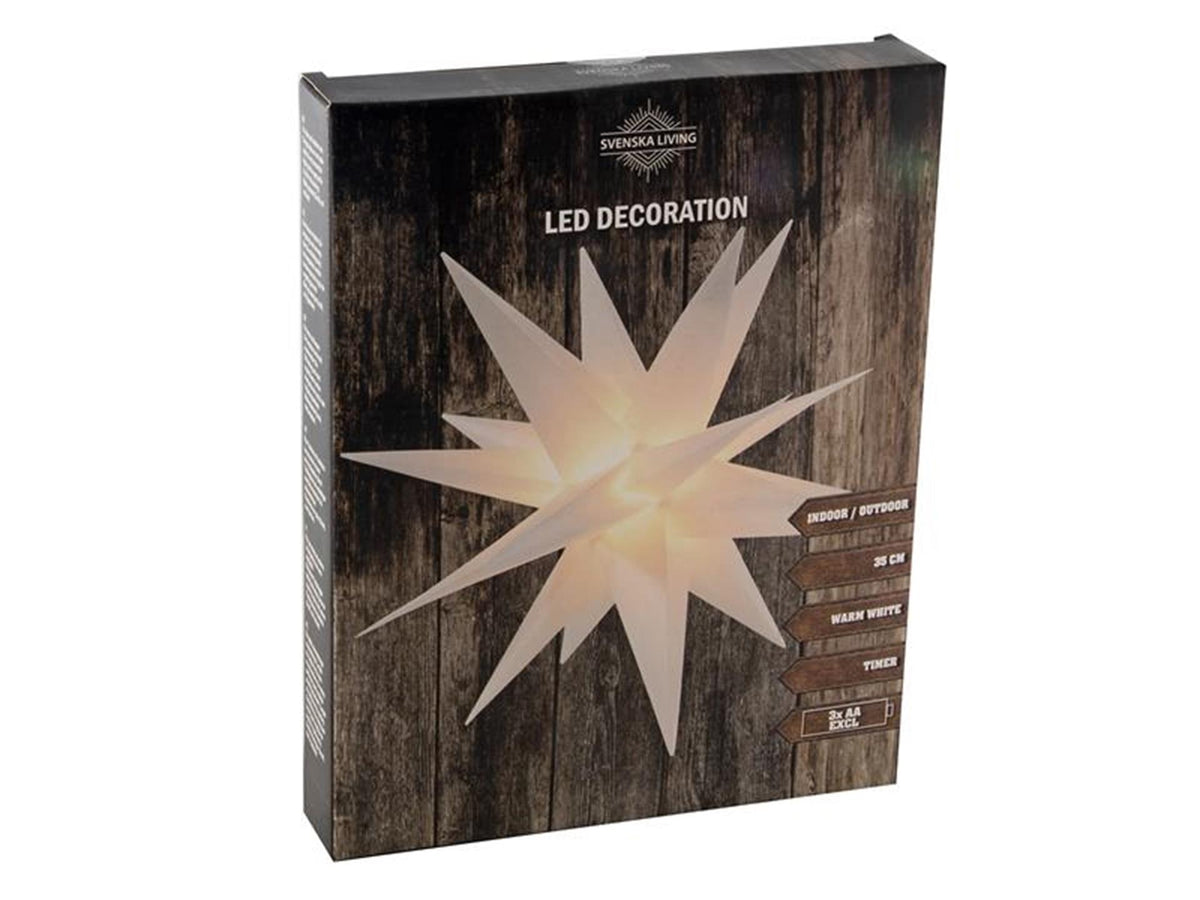Svenska Living Star 3D wykonana z tworzywa sztucznego 35cm biała z 4xLED ciepłą bielą i timerem działa na bateriach 3xaa (nie dotyczy)