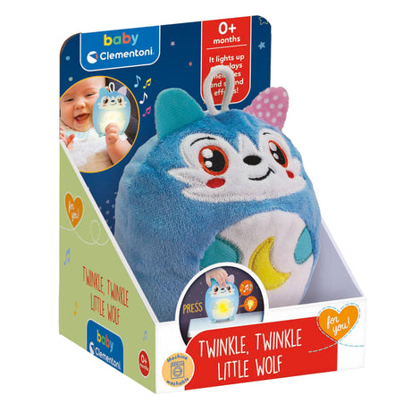 Niebieska, przytulna lampka nocna Clementoni Twinkle Winkle Little Wolf