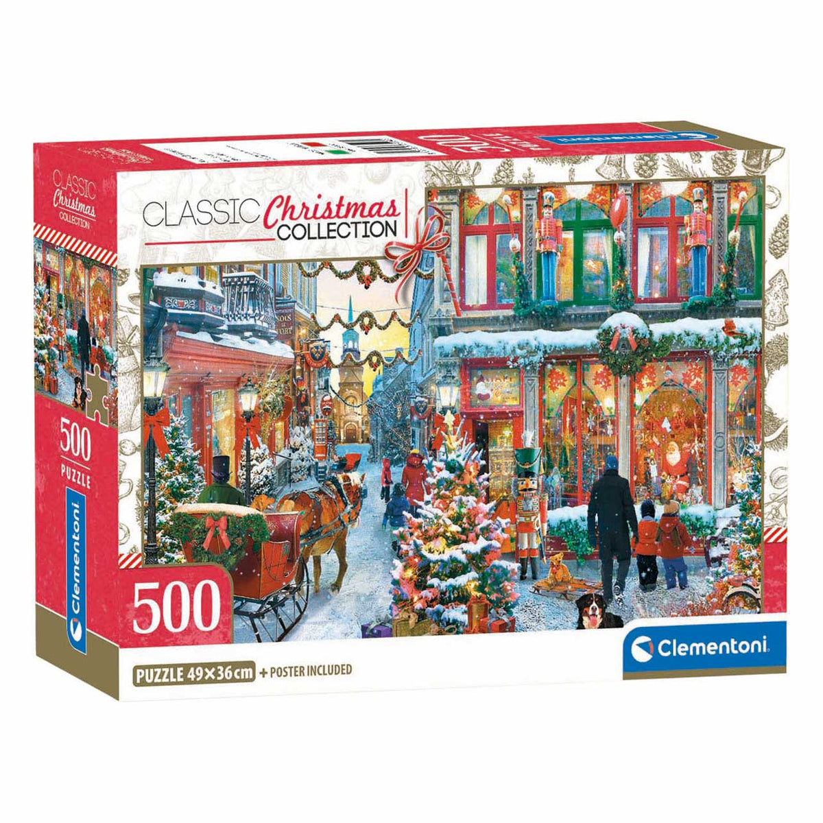 Puzzle Clementoni Świąteczne puzzle 500 elementów plakat ze śnieżną wioską.