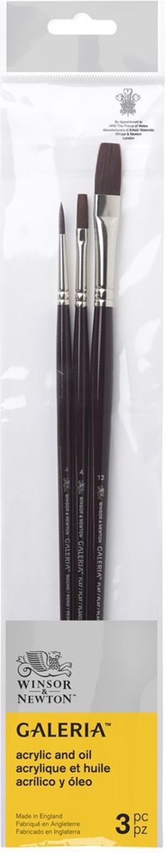 Winsor Newton 5790609 Galeria Zestaw pędzli akrylowych – 3 pędzle z długą rączką do malowania akrylem (okrągłe 4, płaskie 4, płaskie 12)