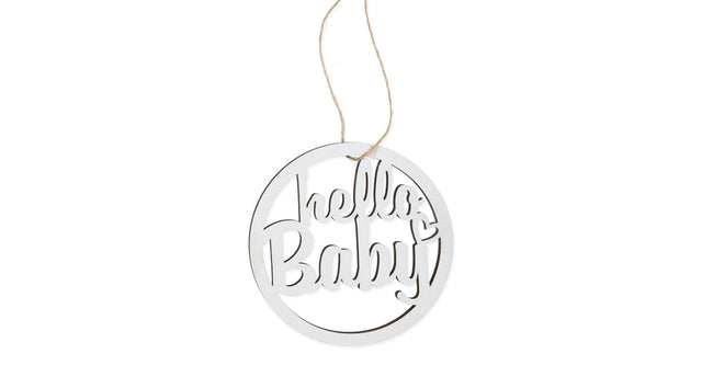 Zakje á 8 houten hanger ''hello baby'' wit 9cm