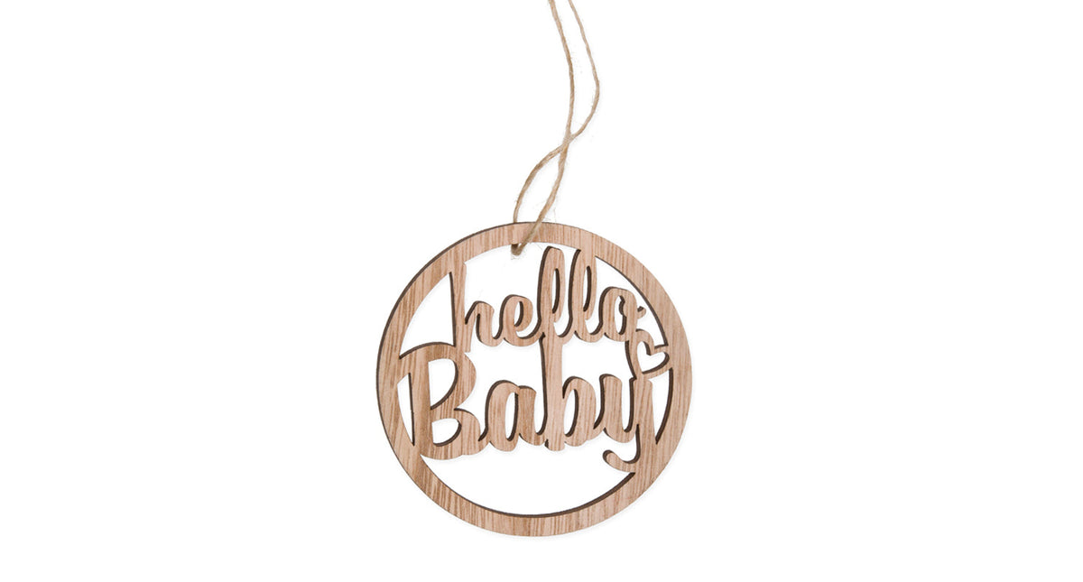 Zakje á 8 houten hanger ''hello baby'' naturel 9cm