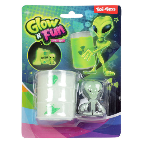 Toi-zabawki świecą zabawną beczką po oleju ze świecącym w ciemności szlamowym kosmitą