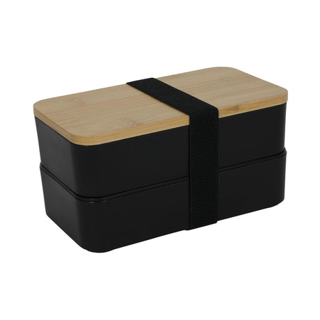 Pudełko śniadaniowe ze sztućcami podwójne z bambusową pokrywką 18x10x9,5cm, czarne tworzywo sztuczne