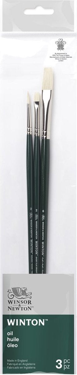 Winsor Newton 5990609 Zestaw pędzli olejnych Winton – 3 długie pędzle do malowania olejnego (okrągłe płaskie włosie – okrągłe 2, krótkie płaskie jasne 2, płaskie 6)
