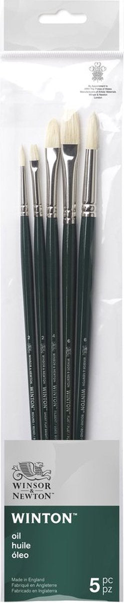 Winsor Newton 5990611 Zestaw pędzli olejnych Winton – 5 długich pędzli do malowania olejnego (okrągłe, płaskie włosie leszczyny - okrągłe 2, okrągłe 6, krótkie płaskie jasne 2, płaskie 6 i leszczyny 4)