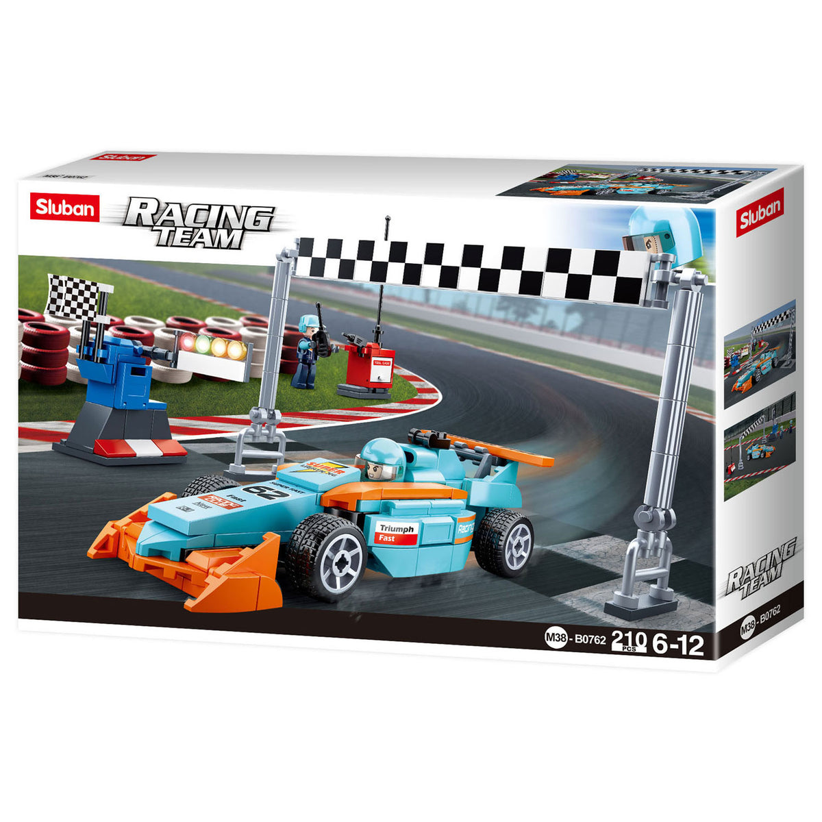 Zabawki do budowania małych torów Sluban Racing Team dla dzieci od 6 lat - pudełko do budowania z 210 klockami - m38-b0762