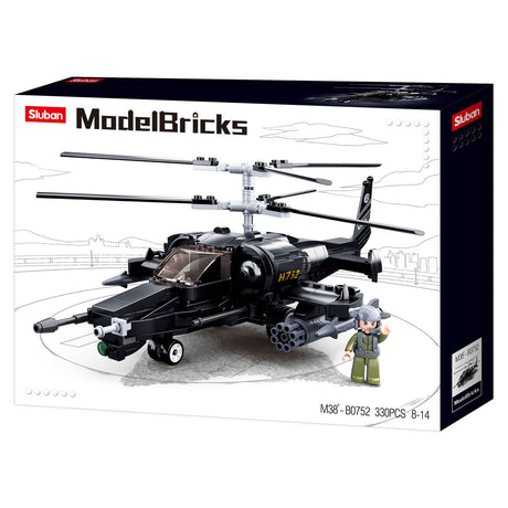 Klocki model helikoptera szturmowego Sluban zabawki do budowania – zabawki konstrukcyjne – zestaw do budowania zawierający 330 klocków – m38-b0752 – od 8 lat