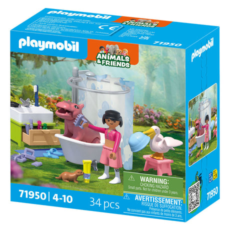 Playmobil | przyjaciele zwierząt | zabawa w kąpieli dla zwierząt | zabawki od 4 lat | prezent dla dzieci | stymuluje kreatywność i interakcję ze zwierzętami | pielęgnacja zwierząt i kąpiele z akcesoriami | 71950