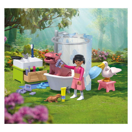 Playmobil | przyjaciele zwierząt | zabawa w kąpieli dla zwierząt | zabawki od 4 lat | prezent dla dzieci | stymuluje kreatywność i interakcję ze zwierzętami | pielęgnacja zwierząt i kąpiele z akcesoriami | 71950