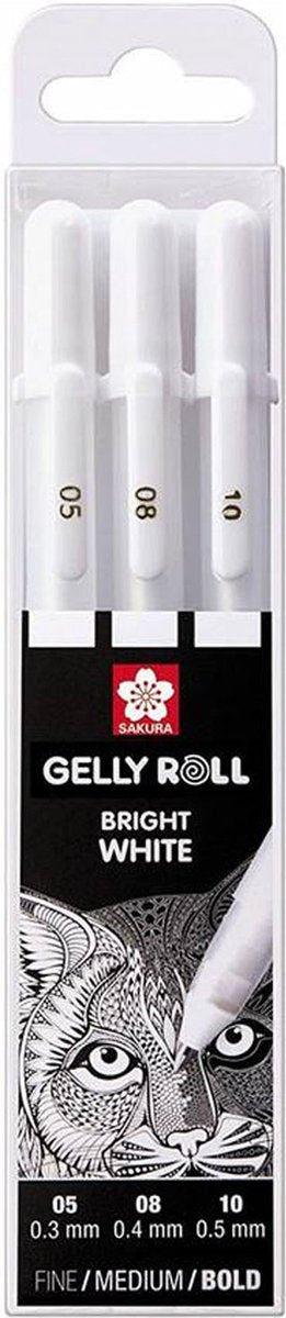 Podstawowy zestaw 3 długopisów żelowych Sakura w kolorze czystej bieli, średniej grubości