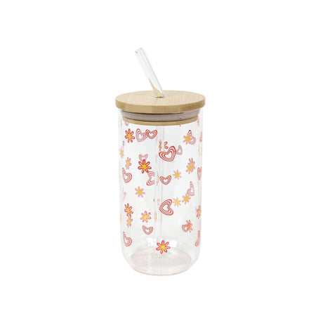 Szklanka do picia ze słomką i bambusową pokrywką z nadrukiem kwiatowym 500ml ø7,5x15cm