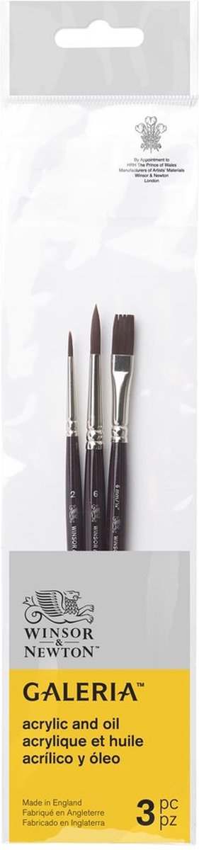 Winsor Newton 5790608 Galeria Zestaw pędzli akrylowych – 3 pędzle syntetyczne do malowania akrylem (krótka rączka – okrągła 2, okrągła 6, jednopociągnięcie 6 mm)