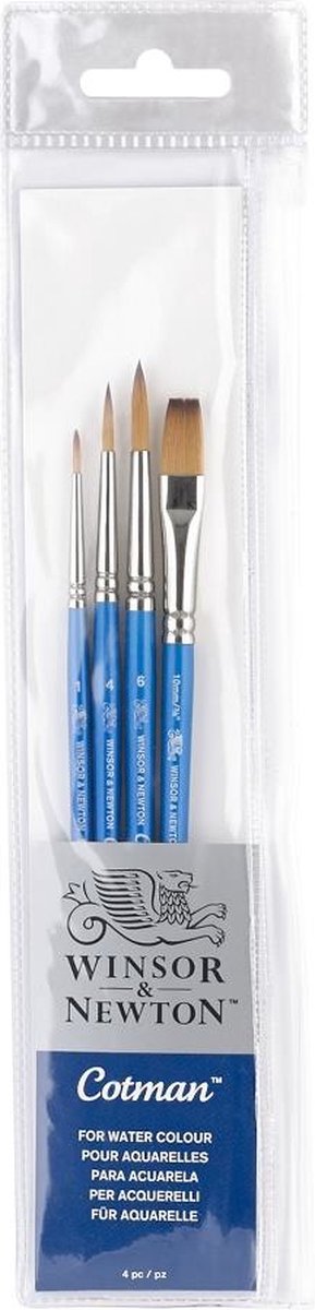 Winsor Newton 5390604 Zestaw pędzli akwarelowych Cotman – krótka rączka – 4 sztuki – okrągłe jedno pociągnięcie do akwareli