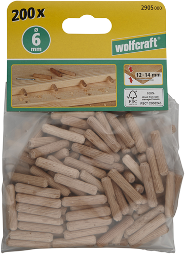 Drewniane kołki rowkowane Wolfcraft | Buche | ø6x30mm | 200 sztuk - 2905000