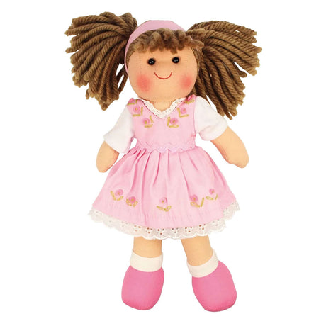 Lalka materiałowa Bigjigs różowa - - lalka dziewczynka w różowej sukience - 28 cm