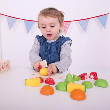 Bigjigs zabawki drewniane pudełko z owocami i rzepem - z nożem i deską - bigjigs - 18 szt.