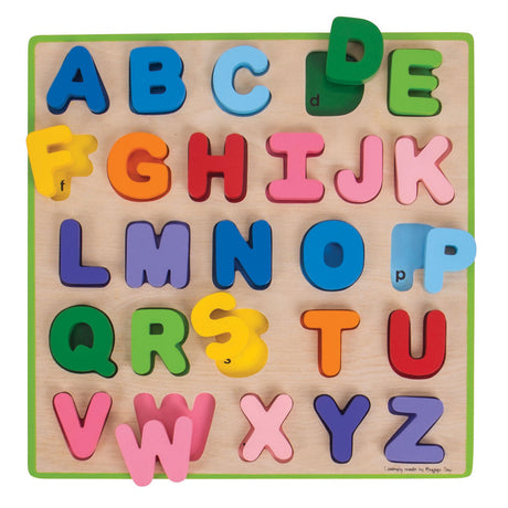 Drewniane puzzle z alfabetem Bigjigs, 26 elementów.