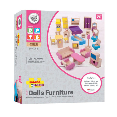 Meble do domku dla lalek Bigjigs - - drewno - meble dla lalek - 26 sztuk