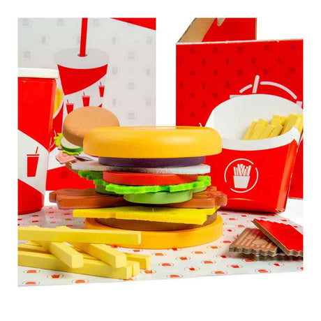 Bigjigs Drewniany zestaw do burgerów i frytek, 48 sztuk.
