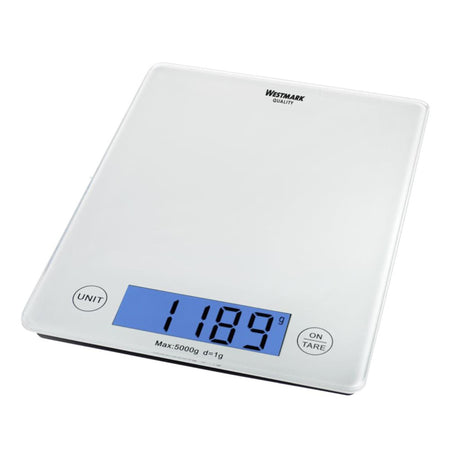 Cyfrowa waga kuchenna Westmark z funkcją tarowania, zakres ważenia do 5 kg, szklana powierzchnia ważąca, 23 x 18 x 1,8, szkło matowe, elegancja, biały przezroczysty, 30332260