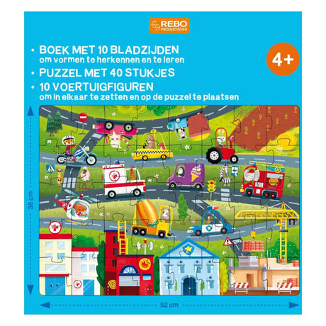 Książka wydawnictwa Rebo, puzzle + 10 figurek - pojazdy