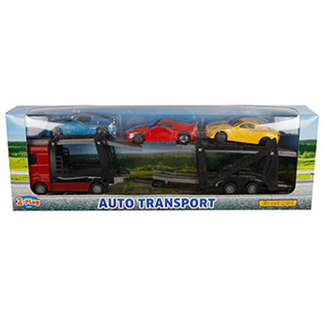 Odlewany transporter samochodowy dla 2 osób z 3 samochodami, 26 cm, wielokolorowy