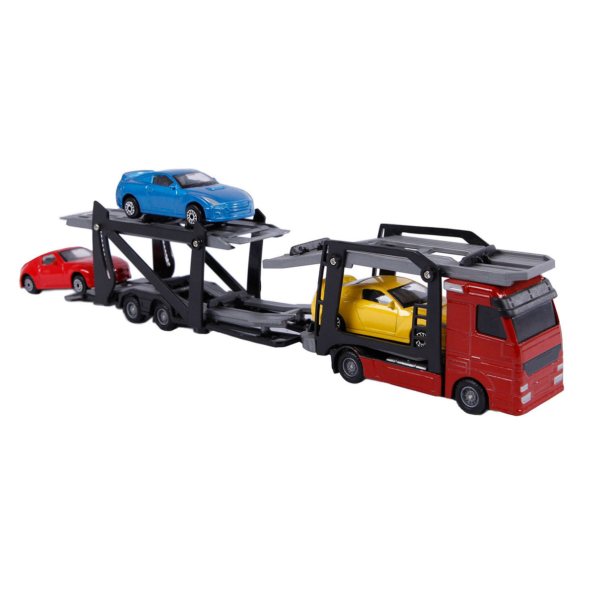 Odlewany transporter samochodowy dla 2 osób z 3 samochodami, 26 cm, wielokolorowy