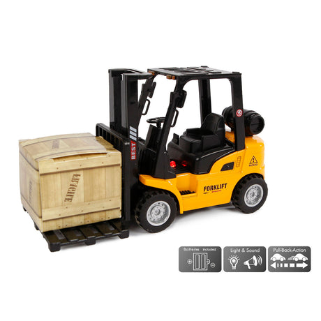 Dwufunkcyjny wózek widłowy z napędem pull-back – ze światłem i dźwiękiem – 14 cm – od 4 lat
