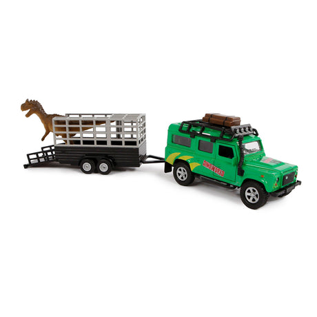 Odlewany ciśnieniowo Land Rover dla dzieci z przyczepką dinozaura, 29 cm