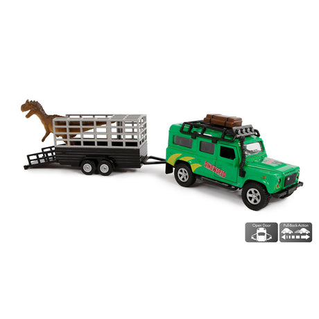 Odlewany ciśnieniowo Land Rover dla dzieci z przyczepką dinozaura, 29 cm