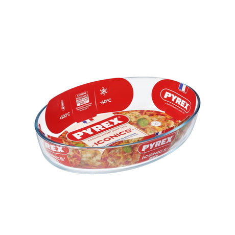 Owalna zapiekanka Pyrex Essentials o wymiarach 30x21x6cm.